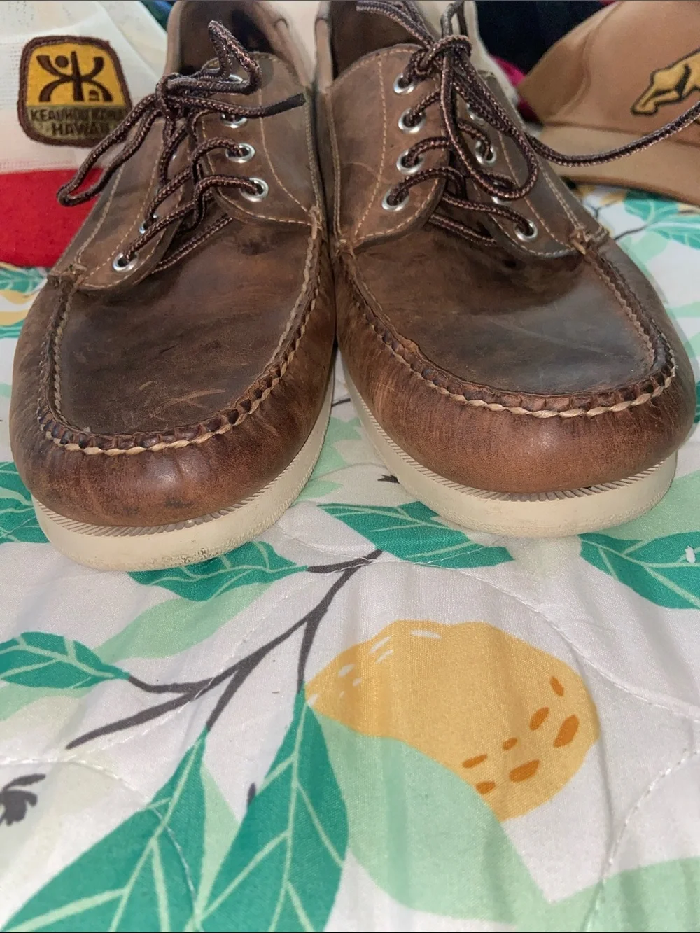 MENS LLBEAN LEATHER BOAT SHOES Dark Brown 14D EUC